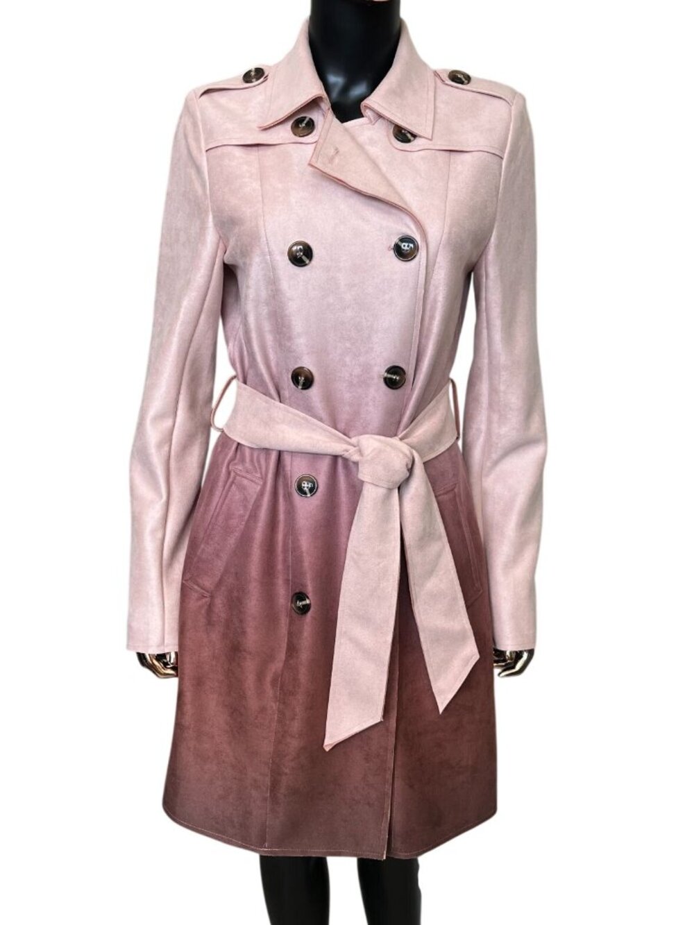 Solitaire Pink Mauve Ombre Faux Suede Trench Coat Belted Small